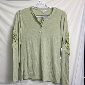 Design History Sage Green Long Sleeve Henley with Lace Sleeve Detail